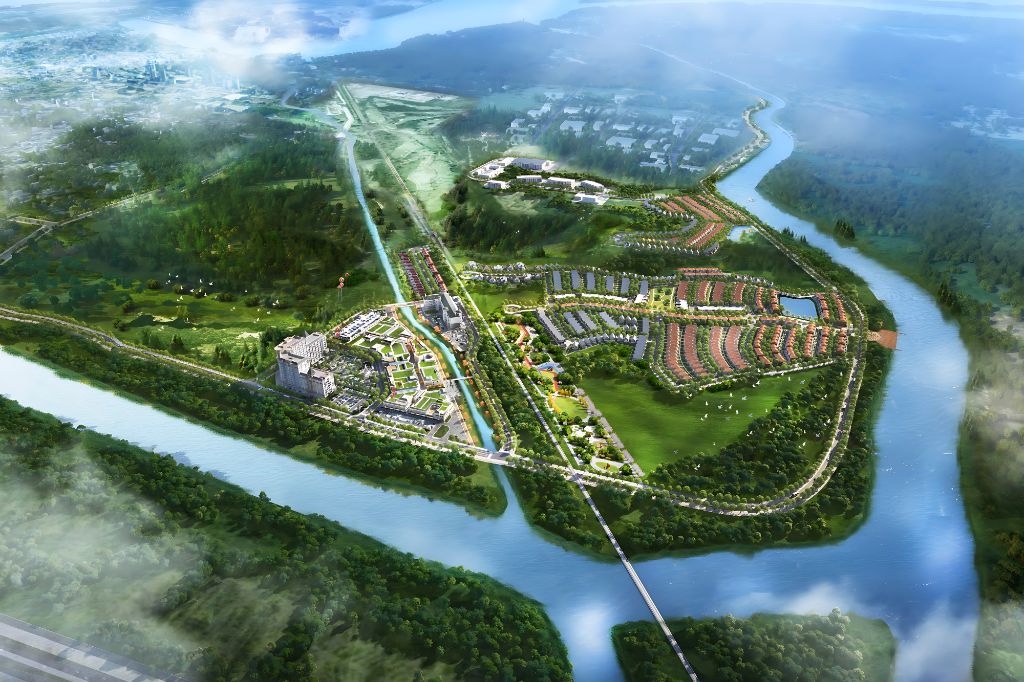 Daytime aerial rendering of the Paradise masterplan peninsula bordered by the Welland River